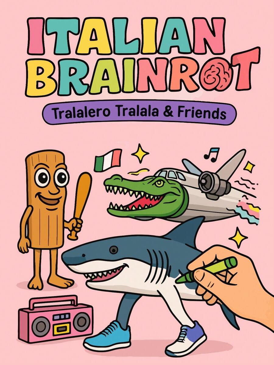 1本21x21厘米“Tralalero Tralala & Friends”趣味成人涂色书，采用厚实不透明纸张，线条清晰 | 意大利风格人物和荒诞滑稽的场景，有助于缓解压力，是喜剧爱好者的理想礼物，也适合作为文具和学习用品；尤其适合作为送给女孩的礼物，例如婚礼季和母亲节礼物。