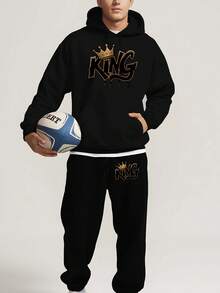 KING Mens Warm Hoodie Sweatpants Outfit Black 2 Piece Fleece Lined Set For Active Street Casual And Indoor Wear - 黑色5 - 查看 1