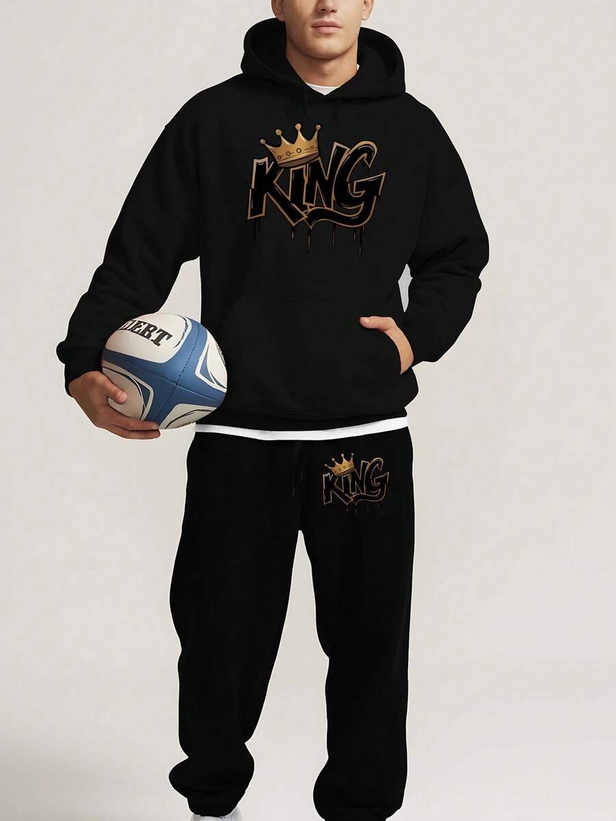 KING Mens Warm Hoodie Sweatpants Outfit Black 2 Piece Fleece Lined Set For Active Street Casual And Indoor Wear - 黑色5 - 查看 1