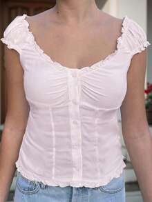 Women's Summer Scoop Neck Tops Cap Sleeve Button Ruffle Trim Solid Color/Striped Shirt - Pink - View 6