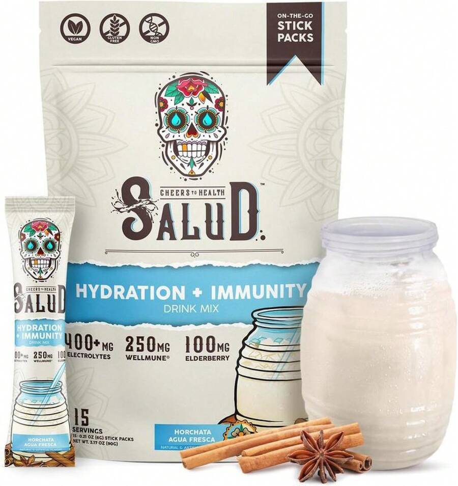 Salud 2-In-1 Hydration Packets + Immunity Electrolytes Powder Horchata Jamaica Agua Fresca Drink Mix Elderberry Dairy & Soy Free Non-GMO Gluten Free Vegan Low Calorie 1g Sugar 15 Servings - 3 chiếc - Xem 1