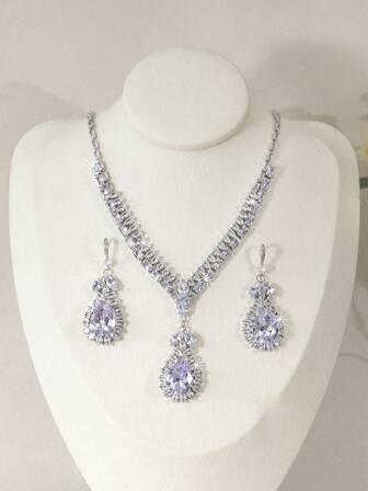 2 piezas Conjunto de collar elegante con circonita y rhinestone, accesorios de joyería de moda para mujer, collar y aretes, accesorios nupciales