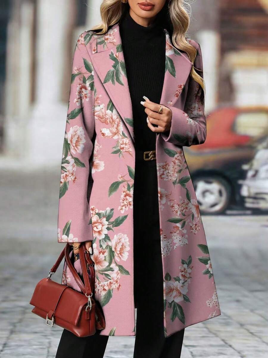 女士优雅印花中长款长袖翻领西装外套，春秋季 - 粉色 - 查看 1