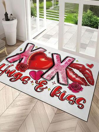 1pc XOXO Valentine's Day Cartoon Cute Design Decorative Doormat - Non-Slip, Machine Washable Polyester Carpet, Heart Rose Pattern Indoor/Outdoor Welcome Mat, Absorbent Non-Slip Small Rug For Home Entrance, Bedroom, Hallway, Bathroom