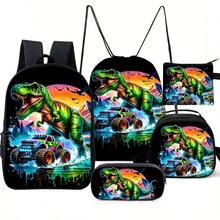 5-Piece Dinosaur Truck Printed Backpack Set (Double-Layer Backpack + Shoulder Strap Round Lunch Bag + Multi-Functional Pencil Case + Drawstring Bag + Coin Pouch) - Black - View 1