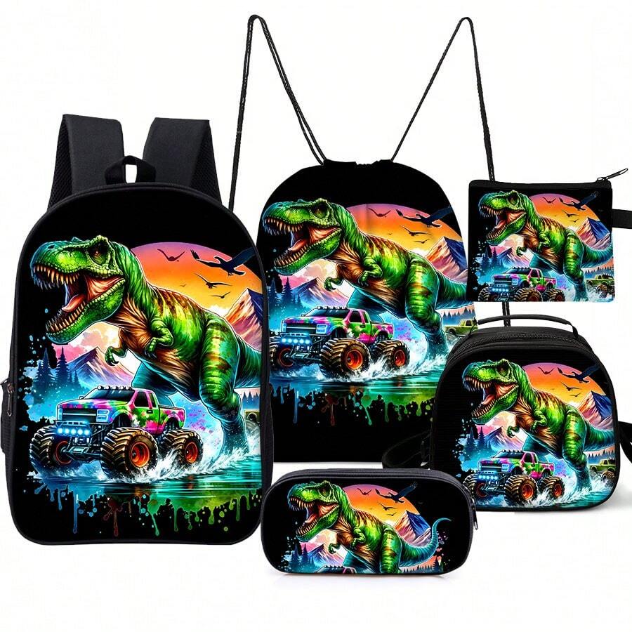 5-Piece Dinosaur Truck Printed Backpack Set (Double-Layer Backpack + Shoulder Strap Round Lunch Bag + Multi-Functional Pencil Case + Drawstring Bag + Coin Pouch) - Black - View 1