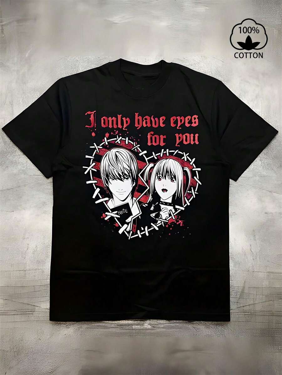 Camiseta de anime Yandere para hombres y mujeres - 100% algodón, suave y transpirable, con el eslogan "Solo tengo ojos para ti", personajes góticos de Yandere y corazón cosido - Camiseta casual roja y negra para fanáticos de la serie Yandere, lavable a máquina - Negro - Ver 1