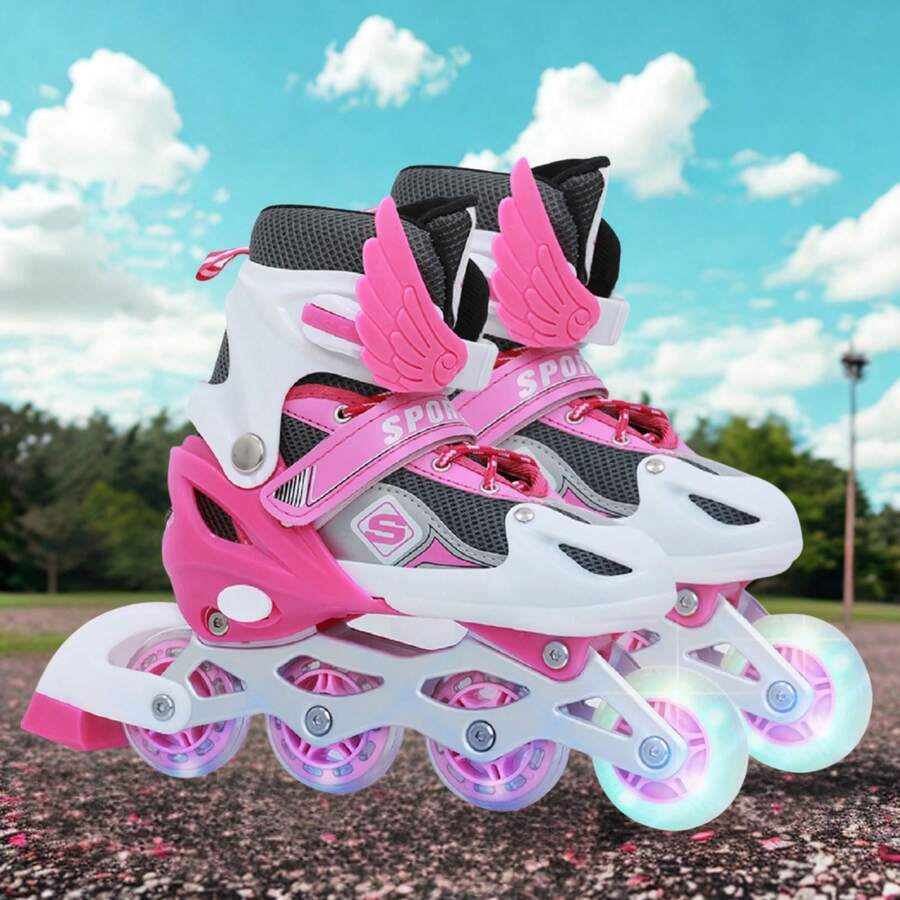 Inlineskates, Größenverstellbare Rollschuhe, Inline-Wheels mit Leuchte, Rollerskate, Inliner, Verstellbare Größe 26-32, Dreifacher Schutz - Pink - Übersicht 1