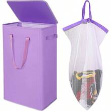 75L Slim Laundry Hamper With Lid, Large Foldable Laundry Basket With Removable Bag And Handles Tall Collapsible Dirty Clothes Basket Great Bedroom, Bathroom, Dorm, College, RV. Purple, 75L - 75升+紫色 - 查看 2