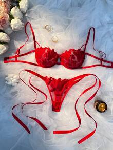 Women's Red Classic Sexy Floral Embroidered Satin Ribbon Lace-Up Lingerie Set For Valentine's Day – Christmas Holiday Special Edition, Perfect As A Festive Gift - Đỏ - Xem 1