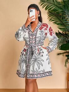 BIUBIU 大码女式热带印花休闲度假衬衫裙