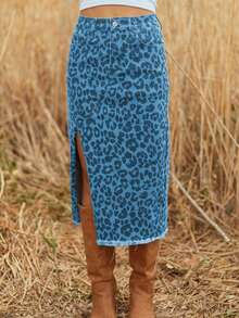 Leopard Print Frayed Side Slit Denim Midi Skirt - 天藍色 - 查看 8