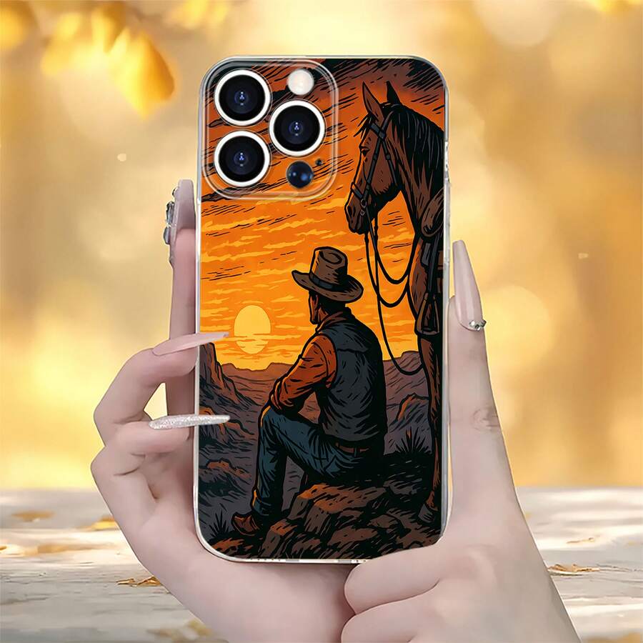 Funda vintage para teléfono con escena de atardecer vaquero, compatible con teléfonos , 17, 16 Pro Max, 15 Pro Max, 13 y 12. Ofrece protección contra golpes y caídas. Un regalo ideal para familiares, amigos, seres queridos, parejas y Navidad. - transparente - Ver 1