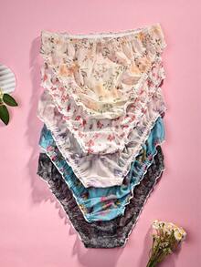 5pcs/Pack - Plus Size Women Floral & Heart Print Contrast Trim Hipster Panties, Comfortable Fabric - Multicolor - View 2