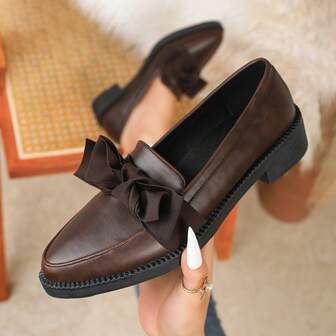Women's Flat Shoes With Bow Tie, Preppy, Elegant, Fashion, Versatile, Casual, Bohemian, Thick Sole, Pointed Toe, Block Heel, Suitable For Office, Party, Holiday, Outdoor, Home, All Seasons