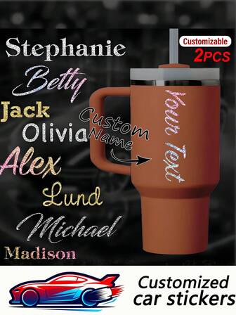 2 piezas de pegatinas personalizables con nombre brillante - Fácil de aplicar, sin residuos, excelente para barcos, vehículos, ventanas, tumblers, paredes, puertas, cajones, refrigeradores - Acabado brillante personalizado, autoadhesivo, de un solo uso, acabado metálico, forma asimétrica, pegatinas con nombre personalizadas | Acabado brillante | Pegatinas con nombre autoadhesivas