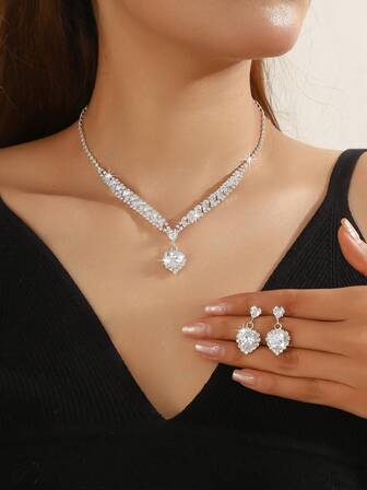 3件套优雅奢华新娘结婚首饰套装，铜锆石爪链耳环、项链，适合女性日常佩戴、正式派对和盛大晚宴。