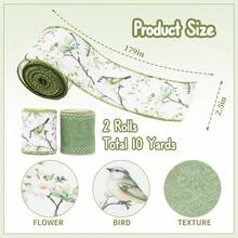 2 Rolls Vintage Green Bird Floral Wired Ribbon – 2.5 Inch Wide, 10 Yards Total, Botanical Garden Party Ribbon For DIY Gift Wrapping, Wedding Decor, Summer Crafts, And Shabby Chic Projects,VintageGreen - VintageGreen - View 4