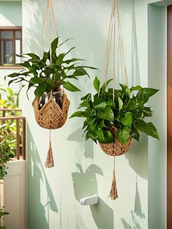 1个波西米亚风格手工编织悬挂式花盆架，适合室内外家居花园装饰（不含花盆和植物）