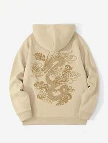 男士连帽衫，中国龙图案印花，保暖内衬，秋冬款 - 杏色 - 查看 4