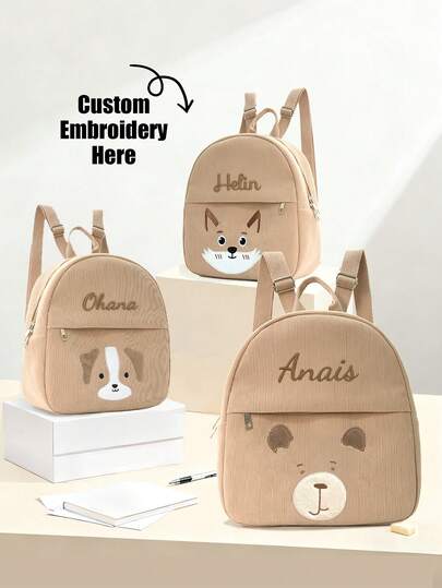 This Stylish And Simple Corduroy Backpack Features Embroidered Animal Faces And Can Be Personalized With Your Name. It's A Portable, Large-Capacity Autumn/Winter Backpack With A Zippered Handle And Adjustable Shoulder Strap. Lightweight, Durable, And Perfect For Everyday Outings, Travel, And Outdoor Activities, It Makes A Unique Holiday Gift