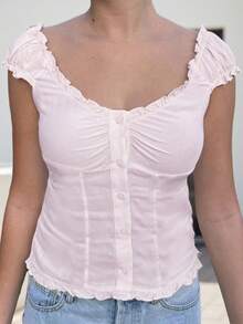 Women's Summer Scoop Neck Tops Cap Sleeve Button Ruffle Trim Solid Color/Striped Shirt - Pink - View 2