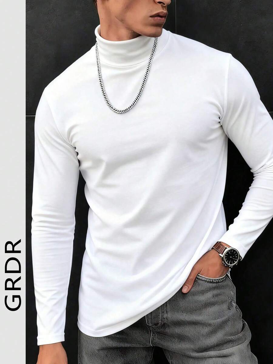 男士休闲高领长袖T恤，适合日常穿着和休闲通勤