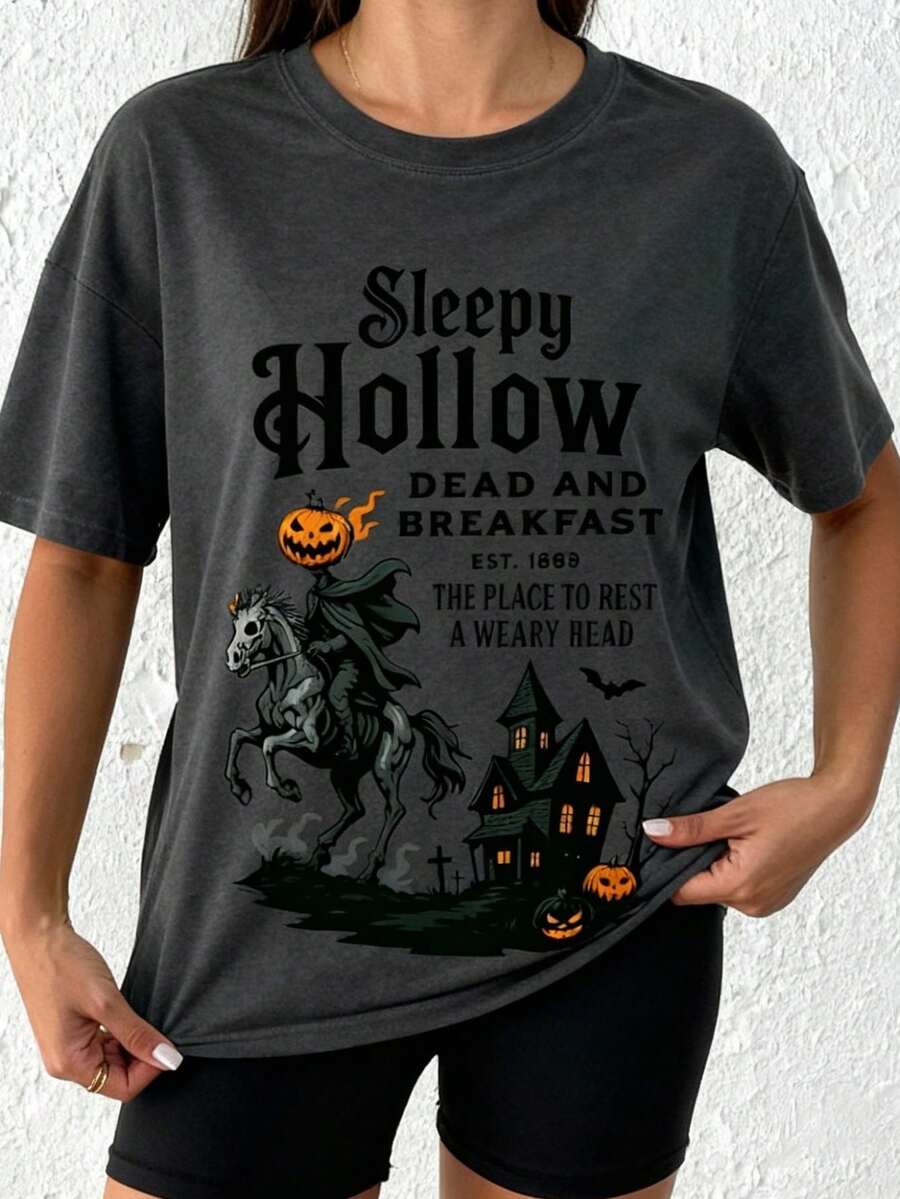 断头谷亡灵与早餐，1869年创立，是疲惫心灵休憩之地。万圣节服装，圣诞夜惊魂，万圣节，女士万圣节服装，宽松圆领短袖T恤