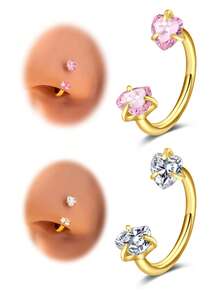 1 件时尚金色条形鼻环，镶嵌闪亮五角星锆石 - 双头 C 型耳钉设计 - 女士防过敏鼻孔饰品，优雅气质 - 金黃色五角星 - 查看 4