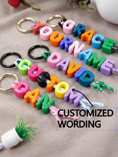 1pc Customized Multi-Color Acrylic Beaded English Letter Keychain, Customizable 1~10 Letters, Personalized Bag Charm, Custom Name Gift, Personalized Keyring(Gold/Black), Lanyard Colors: Black/Purple/Green/Blue/Pink, Customized Backpack Decoration,All-Purpose,Large Capacity,Versatile,Multifunction,Colorful,New Year Glamour
