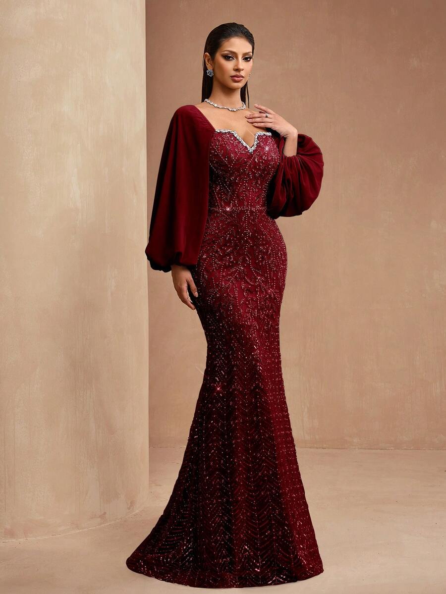 新款奢华高端亮片蕾丝拼接雪纺灯笼袖V领手工串珠女士优雅美人鱼尾正式晚礼服，适合婚礼、派对、宴会、红毯、情人节等春季场合。