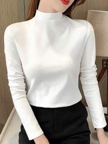270g Autumn/Winter Thermal Stand Collar Long Sleeve Base Layer, Warm, Slimming, Solid Color, White, Versatile - White - View 1