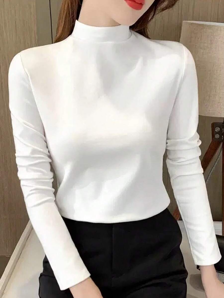 270g Autumn/Winter Thermal Stand Collar Long Sleeve Base Layer, Warm, Slimming, Solid Color, White, Versatile - White - View 1