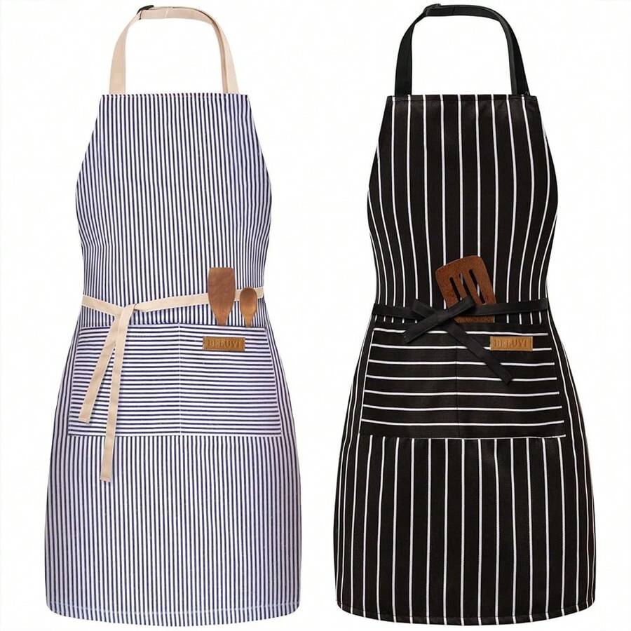 2 Pack Adjustable Bib Apron With 2 Pockets Chef CooFKing Kitchen Restaurant Aprons For Women Men,Blue/FFBlackssstripes - 藍色/黑色條紋 - 查看 1