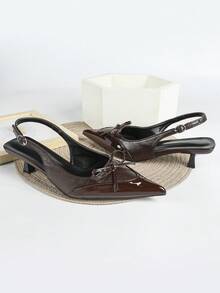 女士咖啡棕色拼接高跟鞋，5厘米猫跟正式鞋，派对婚礼套脚尖头蝴蝶结凉鞋 - 棕色 - 查看 4