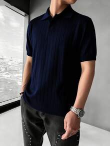 GRDR Men's Loose Thin Ribbed Polo Collar Knit Shirt, Short Sleeve, Summer - Navy Blue - View 2