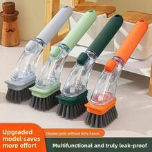 1pc Automatic Liquid Dispensing Long Handle Pot Cleaning Brush, Kitchen Dishwashing Scrub Brush With Steel Wire & PET Bristles