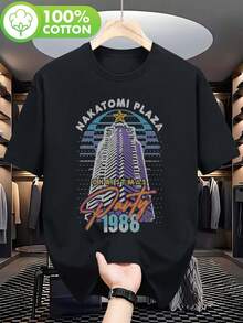 Camiseta gráfica vintage de los 80 de Nakatomi Plaza 1988 para hombres - Camiseta retro de manga corta 100% algodón con diseño icónico de Bruce, atuendo de fiesta temática de los 80 y ropa casual para eventos de cultura pop, camiseta novedosa y duradera - Negro - Ver 2