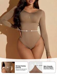 Suprenx 1 bộ đồ liền thân dài tay nâng ngực kiểm soát bụng cho nữ - Màu Khaki - Xem 5