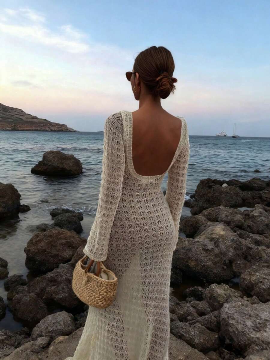 FOR BEAUTY 女士春夏新款纯色米色修身性感露背简约优雅针织长袖连衣裙，适合蜜月、婚礼、海滩度假、狂欢节、新年、情人节等场合。