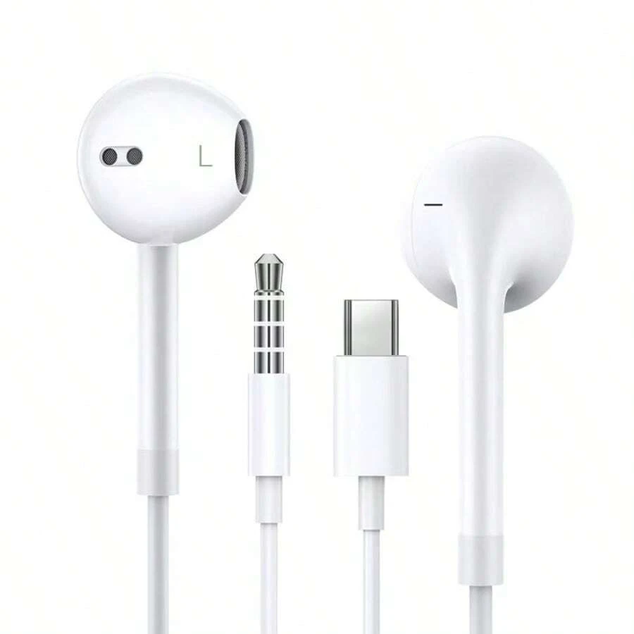 USB-C 耳机，入耳式有线 C 型耳机，带麦克风、音量控制、低音立体声、降噪功能，兼容三星 Galaxy S25 S24 S23 S22 S21 S20 A53 A54/ 16/16 Plus/16 Pro/16 Pro Max/15 系列/车载音响/iPad - 白色 - 查看 1