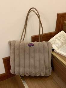 New Autumn/Winter Plush Underarm Handbag, Striped Tote Bag, Casual Large Capacity Plush Bag, Korean Fashion Shoulder Bag - Multicolor - View 12