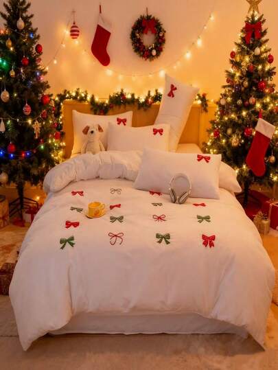 طقم غطاء لحاف مزين بالتطريز بشكل فيونكة للديكور الكريسماسي في غرفة النوم، طقم أغطية سرير أبيض 3 قطع، يشمل 1 غطاء لحاف و2 كيس وسادة، غطاء لحاف ناعم وقابل للتنفس بتصميم أنيق