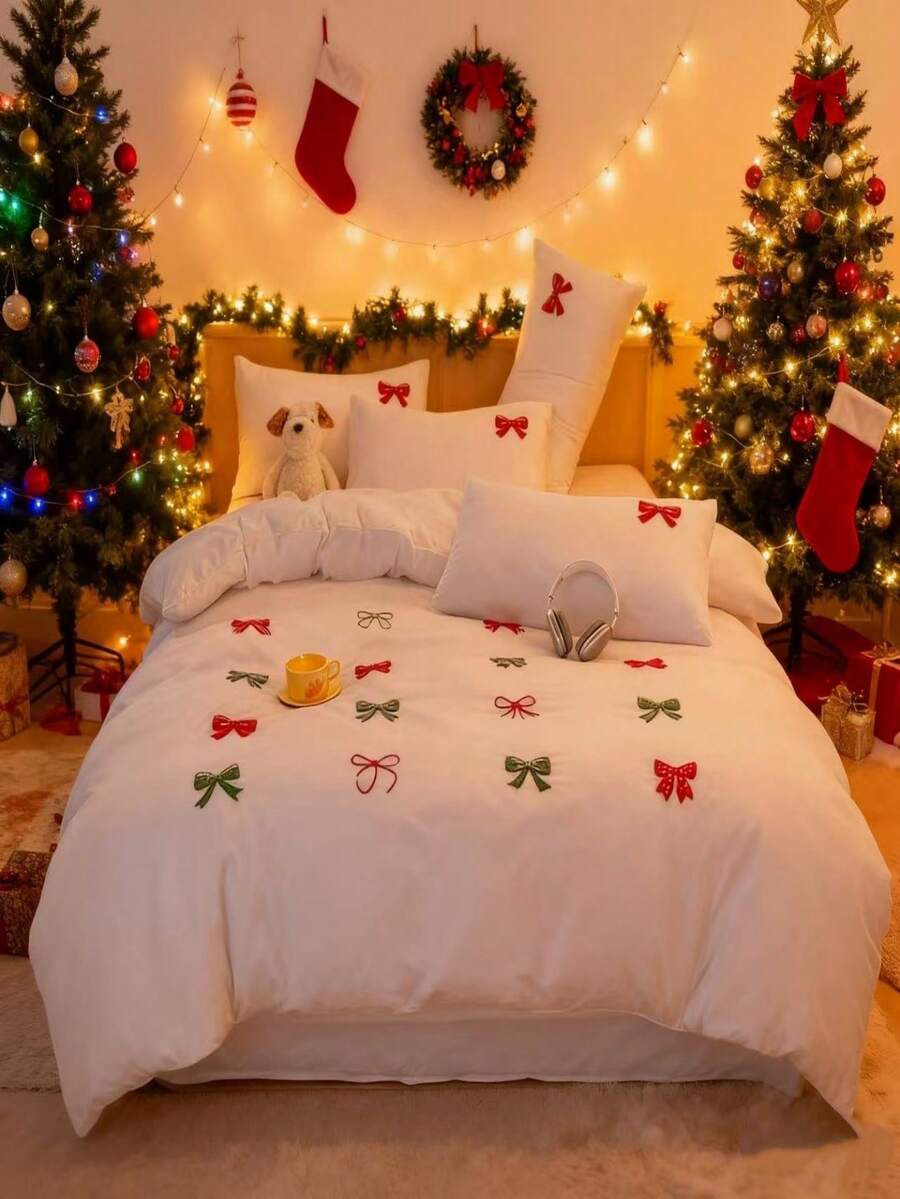 Cut Bow Embroidery Christmas Decorations For The Bedroom Duvet Cover Set, White Bedding Set 3pcs,Including 1 Duvet Cover And 2 Pillowcases, Ultra Soft Breathable Chic Comforter Cover