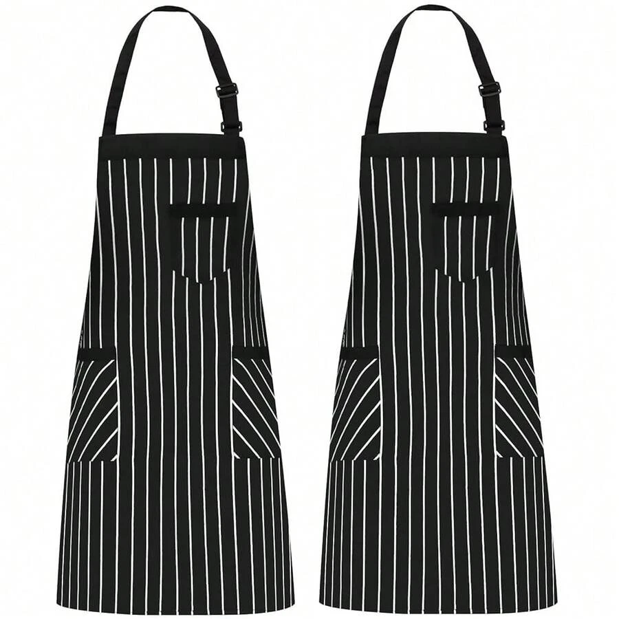 NLUS 2 Pack CooFKing Aprons For Women With Pockets Adjustable Kitchen Bib Aprons For Women Men Chef, Black/White Stripe (Black/White Stripes),DarkBlack/White-2 - 深色/白色-2 - 查看 1