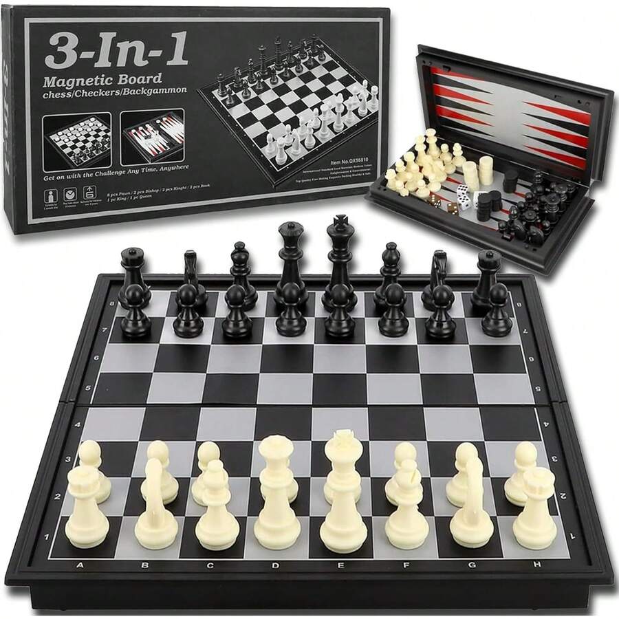 Ajedrez Magnético Profesional para Niños, 3 en 1 con Ajedrez Magnético, Checkers y Backgammon, Ajedrez Plegable con Tablero Portatil, Juego de Mesa Viaje para Reuniones Familiares Niños y Adultos - 1 - Ver 1