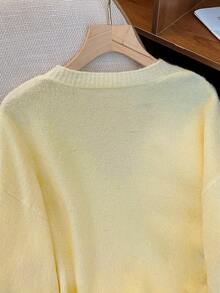 Conjunto de cárdigan de punto con cuello en V y botones y vestido largo, mezcla de lana, amarillo crema, cómodo y versátil, corte holgado, adecuado para ir al trabajo y usar en la calle