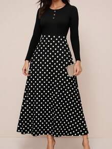 Damen Mode Lässig Polka Dot Langes Kleid - Schwarz - Übersicht 1