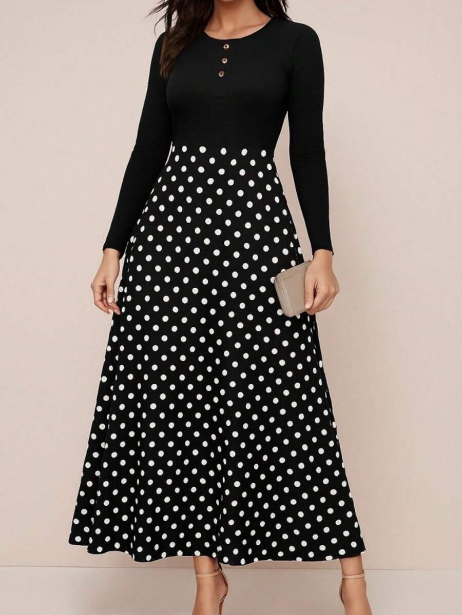 Damen Mode Lässig Polka Dot Langes Kleid - Schwarz - Übersicht 1