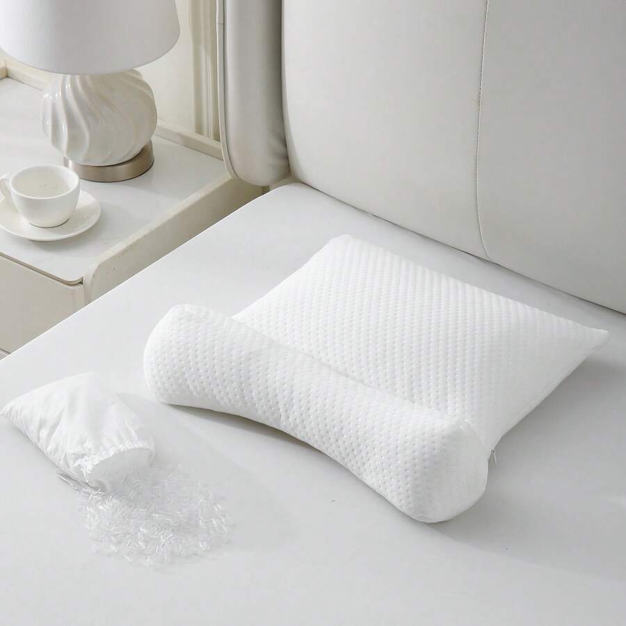 二合一可调节PE软管颈枕，可拆卸，高度可调节，适合侧睡和俯卧，附赠额外填充物 - 白色 - 查看 1